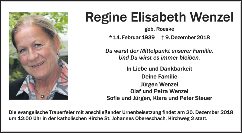  Traueranzeige für Regine Elisabeth Wenzel vom 15.12.2018 aus Schwäbische Zeitung