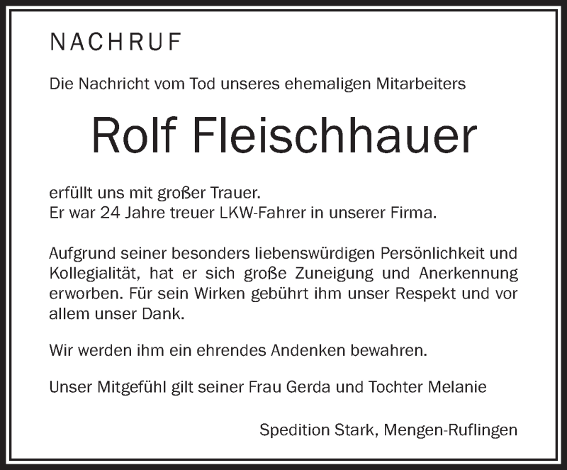  Traueranzeige für Rolf Fleischhauer vom 07.12.2018 aus Schwäbische Zeitung