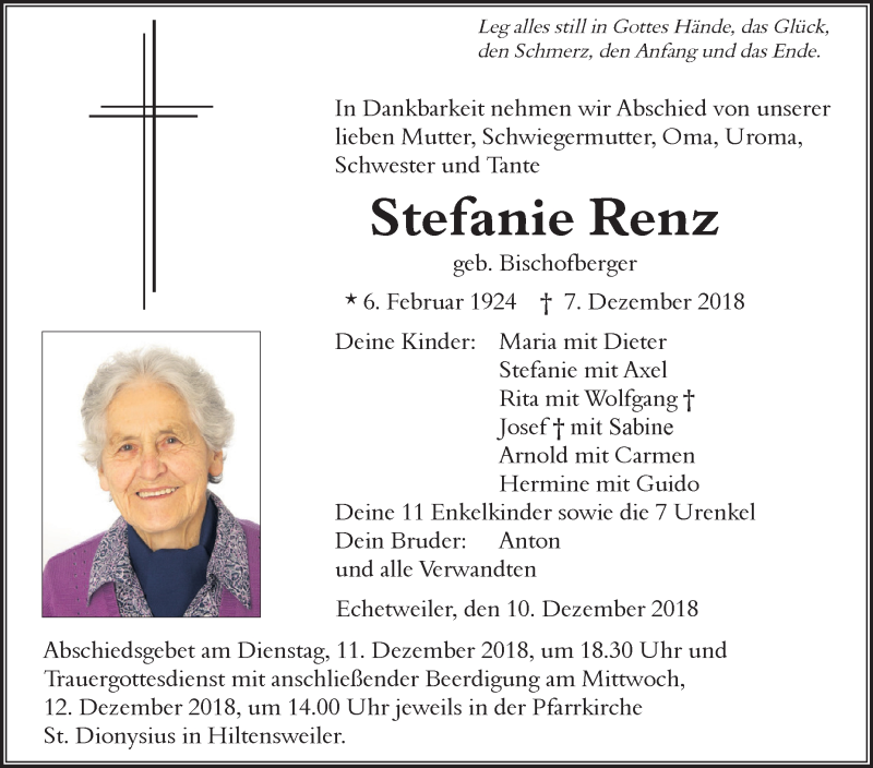 Traueranzeigen von Stefanie Renz | schwaebische.de Trauerportal