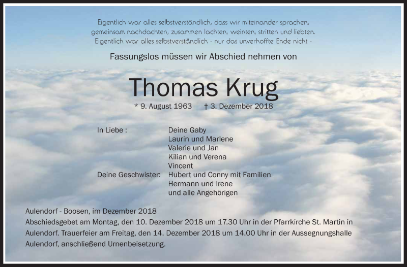  Traueranzeige für Thomas Krug vom 08.12.2018 aus Schwäbische Zeitung