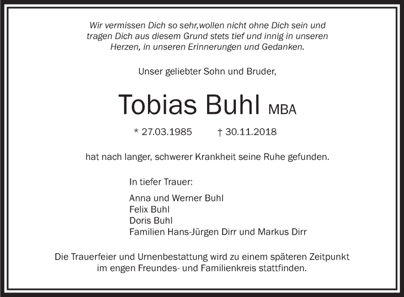  Traueranzeige für Tobias Buhl vom 08.12.2018 aus Schwäbische Zeitung