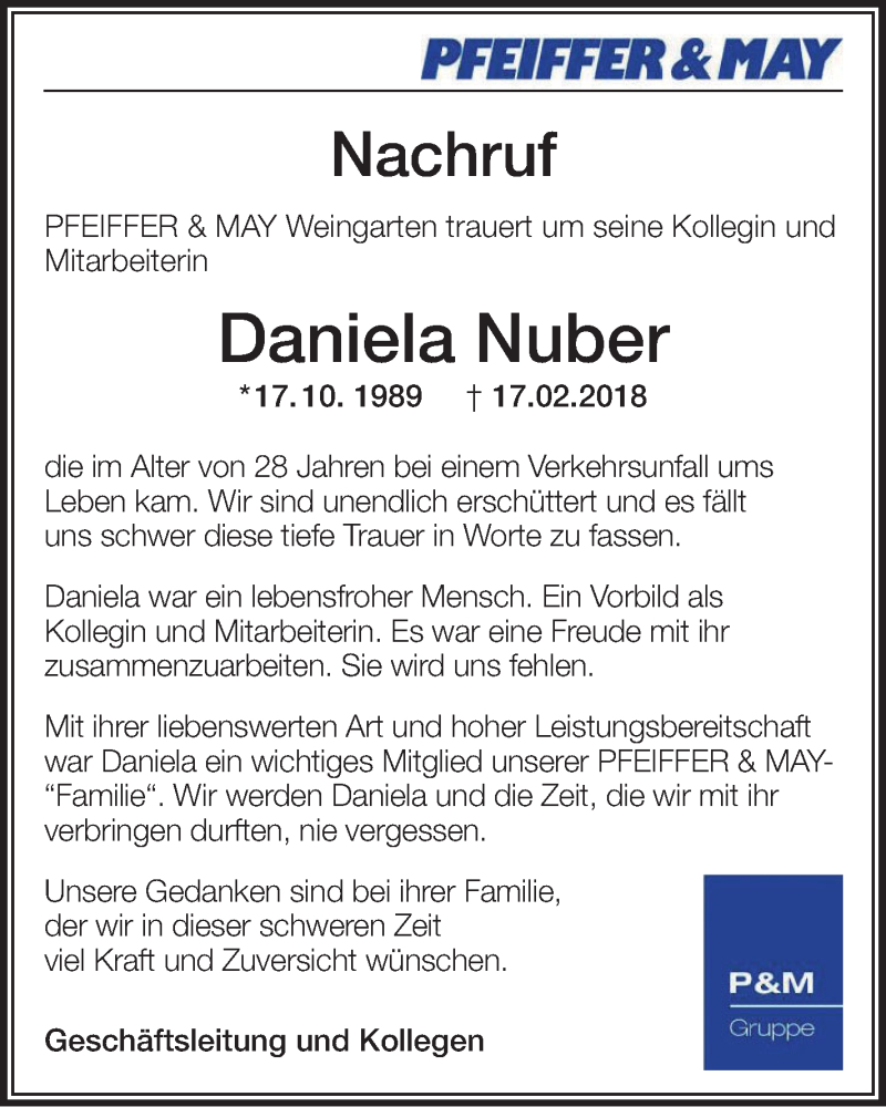  Traueranzeige für Daniela Nuber vom 22.02.2018 aus Schwäbische Zeitung