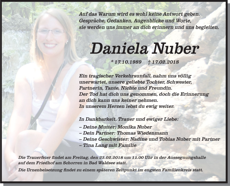  Traueranzeige für Daniela Nuber vom 21.02.2018 aus Schwäbische Zeitung