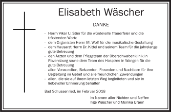 Anzeige von Elisabeth Wäscher von Schwäbische Zeitung