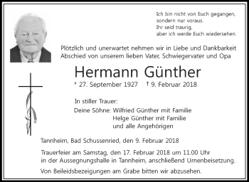 Anzeige von Hermann Günther von Schwäbische Zeitung