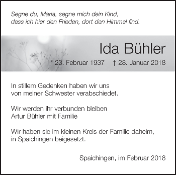 Anzeige von Ida Bühler von Schwäbische Zeitung