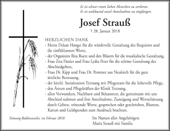 Anzeige von Josef Strauß von Schwäbische Zeitung