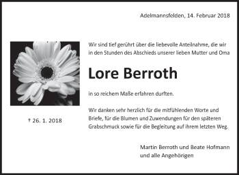 Anzeige von Lore Berroth von Schwäbische Zeitung