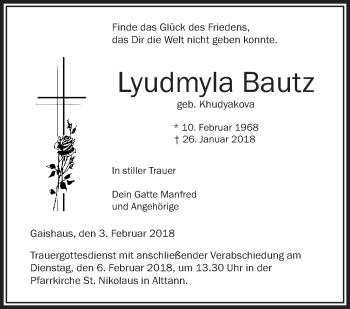 Anzeige von Lyudmyla Bautz von Schwäbische Zeitung