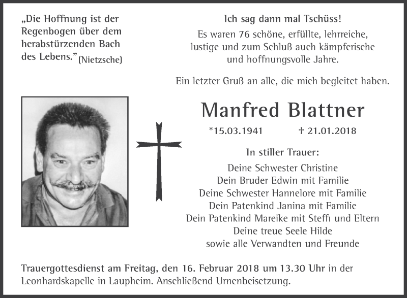  Traueranzeige für Manfred Blattner vom 10.02.2018 aus Schwäbische Zeitung