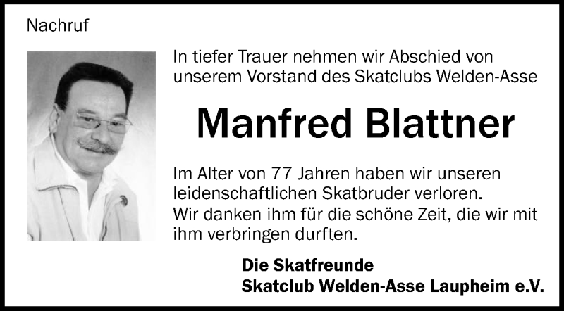  Traueranzeige für Manfred Blattner vom 14.02.2018 aus Schwäbische Zeitung
