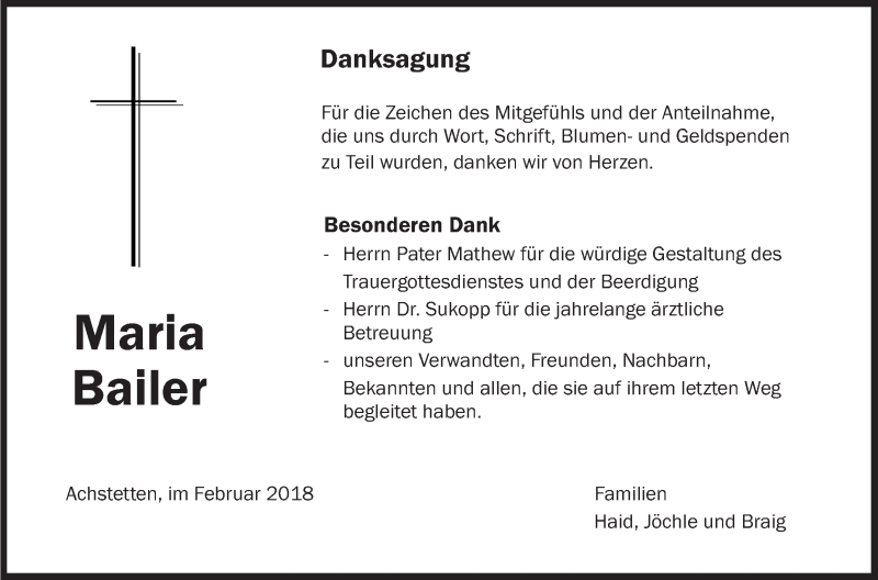  Traueranzeige für Maria Bailer vom 13.02.2018 aus Schwäbische Zeitung