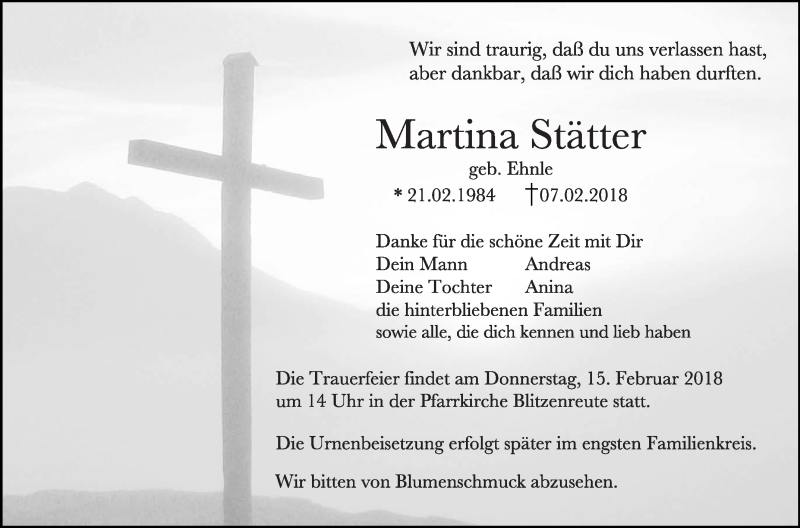  Traueranzeige für Martina Stätter vom 10.02.2018 aus Schwäbische Zeitung