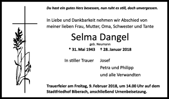 Anzeige von Selma Dangel von Schwäbische Zeitung