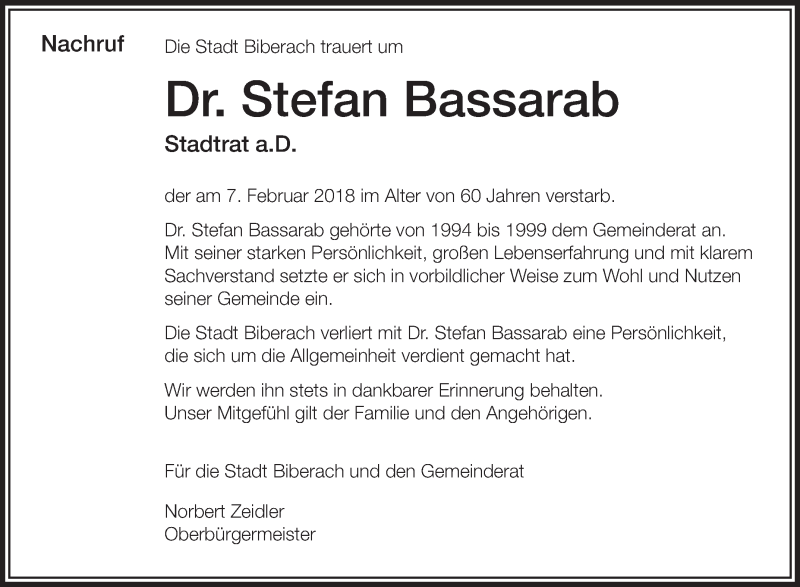  Traueranzeige für Stefan Bassarab vom 21.02.2018 aus Schwäbische Zeitung