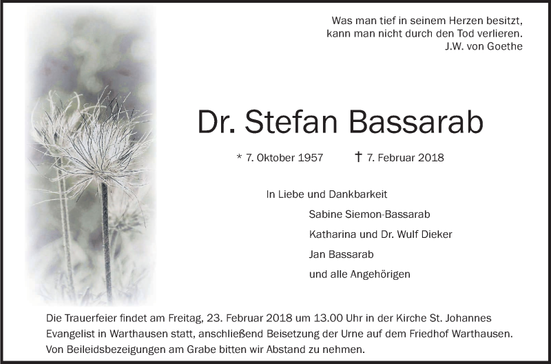  Traueranzeige für Stefan Bassarab vom 20.02.2018 aus Schwäbische Zeitung