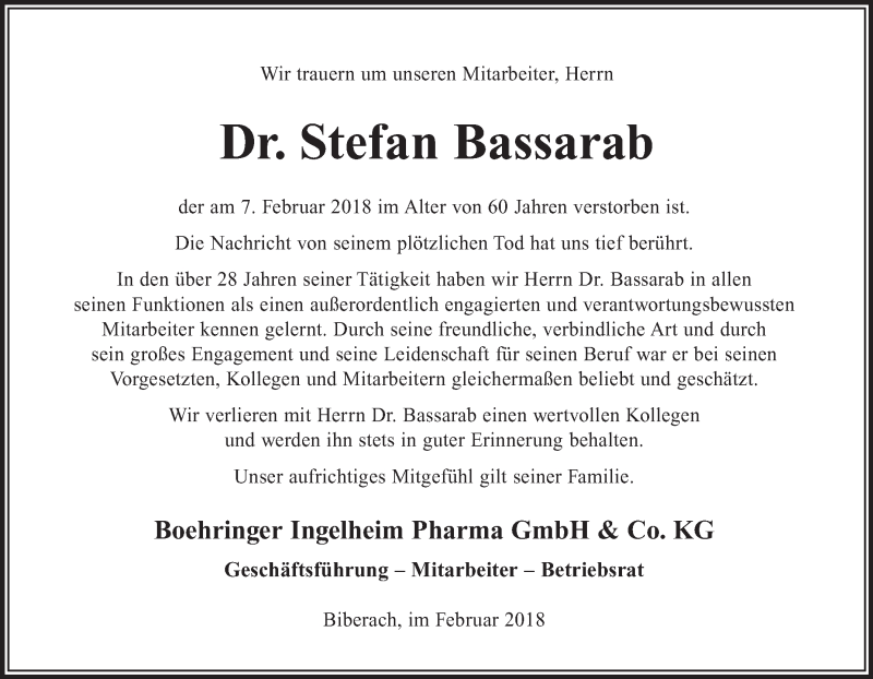  Traueranzeige für Stefan Bassarab vom 21.02.2018 aus Schwäbische Zeitung