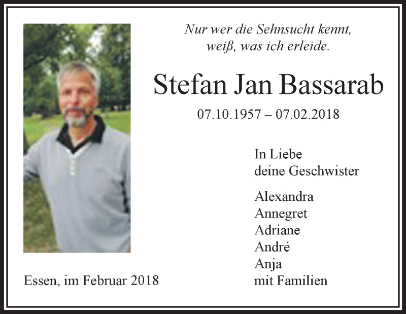  Traueranzeige für Stefan Jan Bassarab vom 17.02.2018 aus Schwäbische Zeitung
