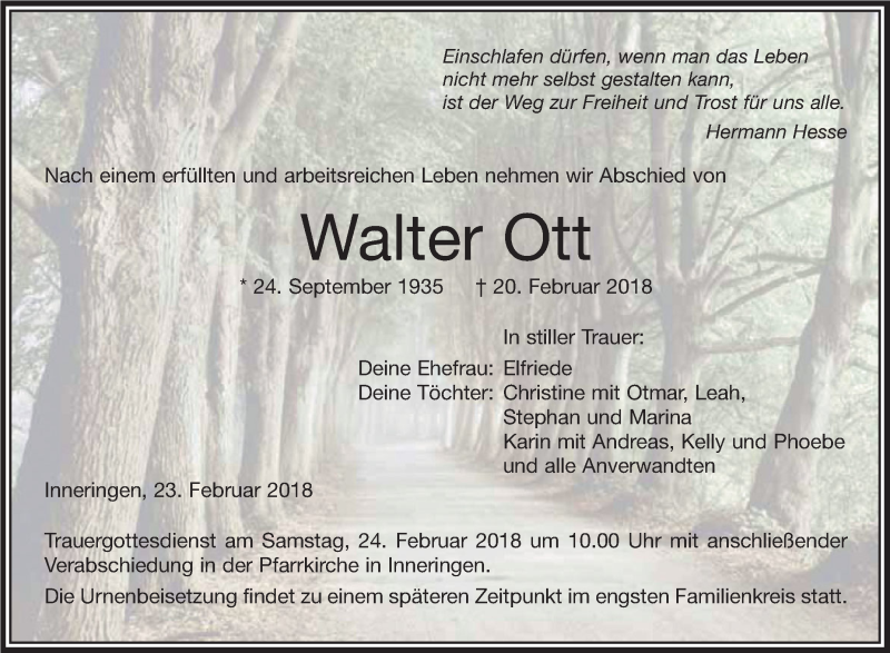  Traueranzeige für Walter Ott vom 23.02.2018 aus Schwäbische Zeitung