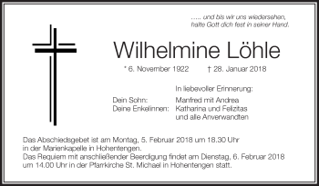 Anzeige von Wilhelmine Löhle von Schwäbische Zeitung