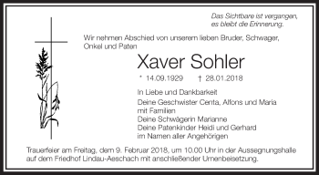 Anzeige von Xaver Sohler von Schwäbische Zeitung