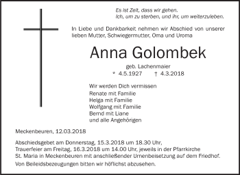 Anzeige von Anna Golombek von Schwäbische Zeitung