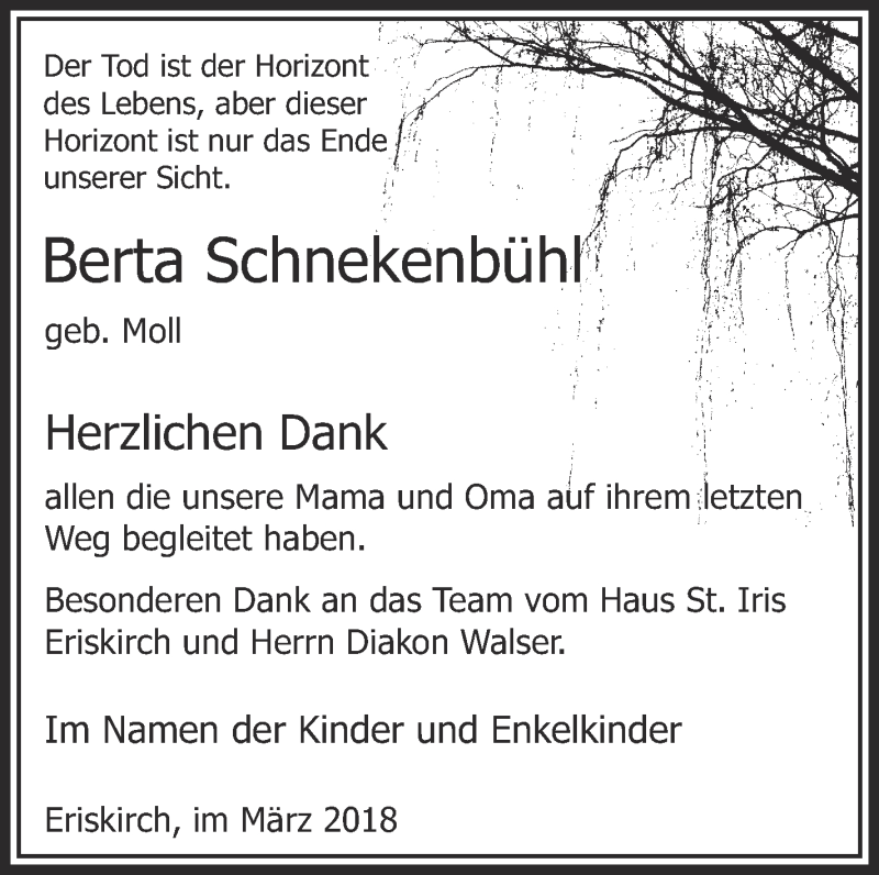  Traueranzeige für Berta Schnekenbühl vom 17.03.2018 aus Schwäbische Zeitung