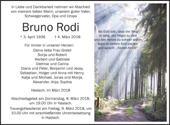 Anzeige von Bruno Rodi von Schwäbische Zeitung