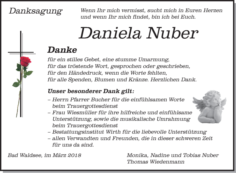  Traueranzeige für Daniela Nuber vom 06.03.2018 aus Schwäbische Zeitung