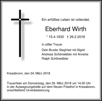 Anzeige von Eberhard Wirth von Schwäbische Zeitung