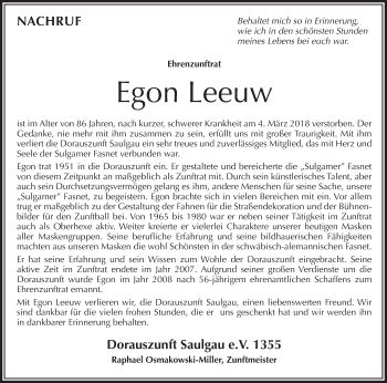 Anzeige von Egon Leeuw von Schwäbische Zeitung