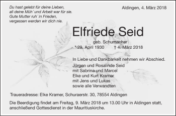 Anzeige von Elfriede Seid von Schwäbische Zeitung
