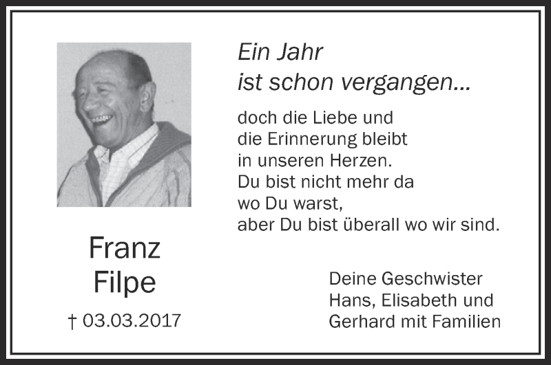  Traueranzeige für Franz Filpe vom 03.03.2018 aus Schwäbische Zeitung