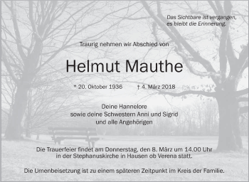 Anzeige von Helmut Mauthe von Schwäbische Zeitung
