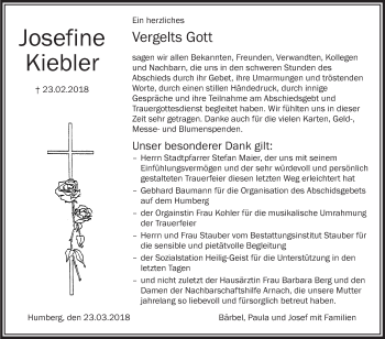 Anzeige von Josefine Kiebler von Schwäbische Zeitung