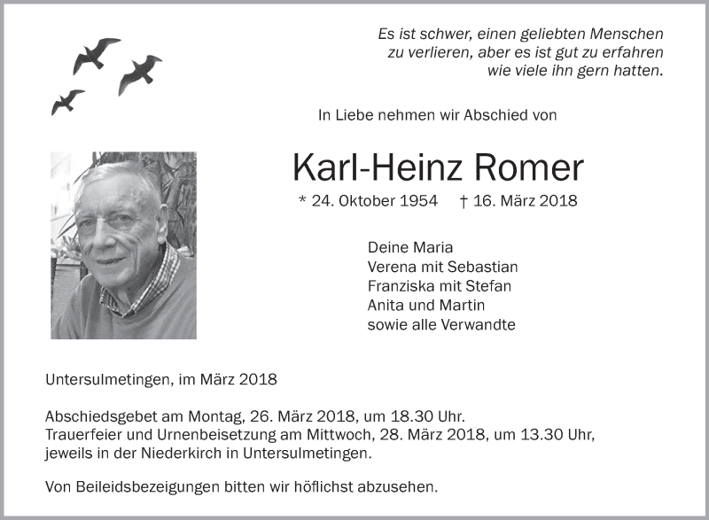  Traueranzeige für Karl-Heinz Romer vom 24.03.2018 aus Schwäbische Zeitung