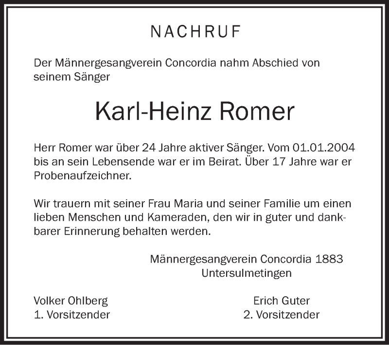  Traueranzeige für Karl-Heinz Romer vom 31.03.2018 aus Schwäbische Zeitung