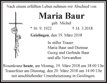 Anzeige von Maria Baur von Schwäbische Zeitung