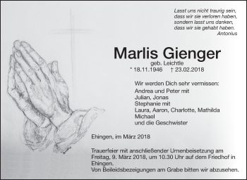 Anzeige von Marlis Gienger von Schwäbische Zeitung