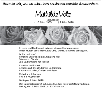 Anzeige von Mathilde Volz von Schwäbische Zeitung