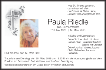 Traueranzeigen Von Paula Riedle Schwaebische De Trauerportal