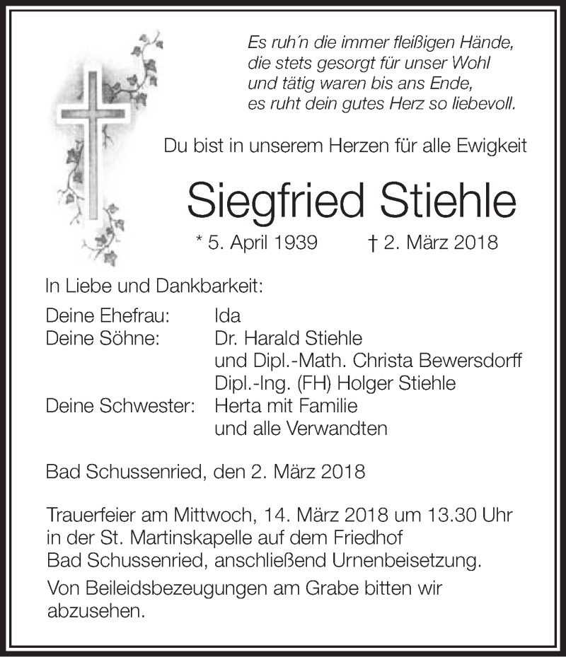 Traueranzeigen Von Siegfried Stiehle | Schwaebische.de Trauerportal