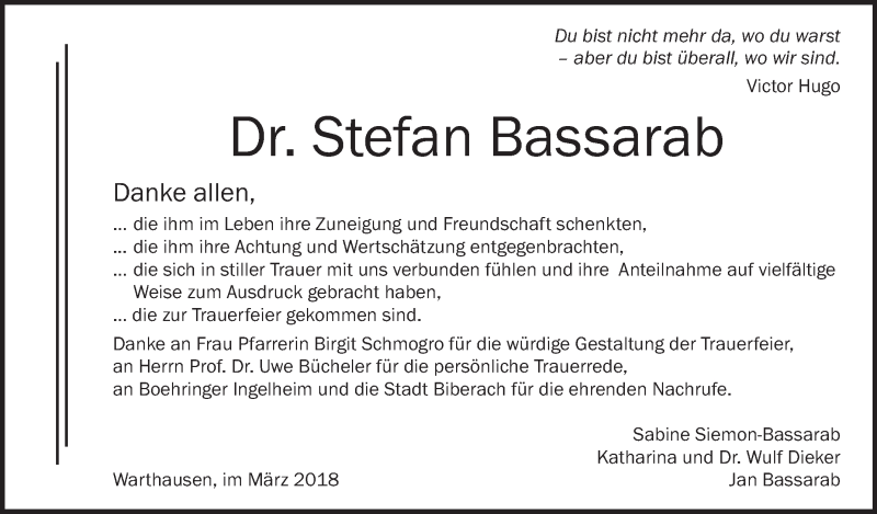  Traueranzeige für Stefan Bassarab vom 10.03.2018 aus Schwäbische Zeitung