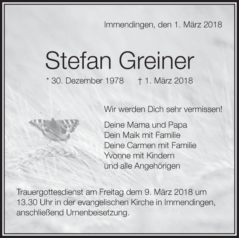  Traueranzeige für Stefan Greiner vom 06.03.2018 aus Schwäbische Zeitung