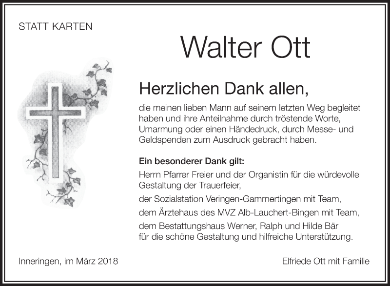  Traueranzeige für Walter Ott vom 20.03.2018 aus Schwäbische Zeitung