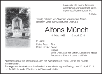 Anzeige von Alfons Münch von Schwäbische Zeitung