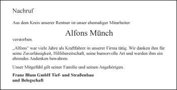 Anzeige von Alfons Münch von Schwäbische Zeitung