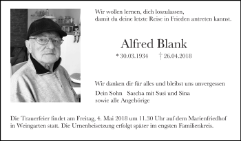 Anzeige von Alfred Blank von Schwäbische Zeitung