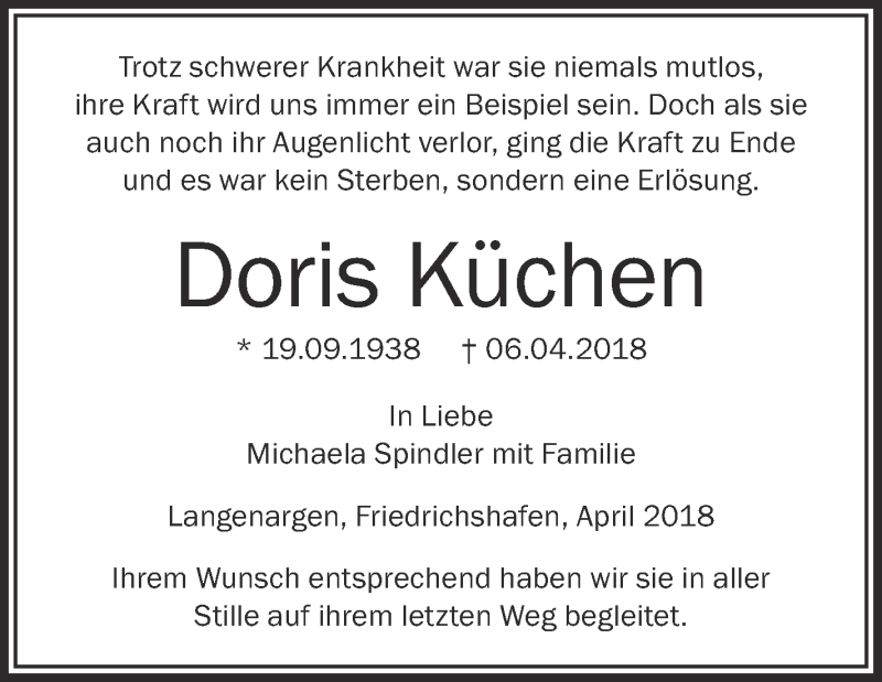  Traueranzeige für Doris Küchen vom 13.04.2018 aus Schwäbische Zeitung