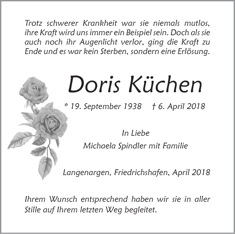  Traueranzeige für Doris Küchen vom 14.04.2018 aus Schwäbische Zeitung